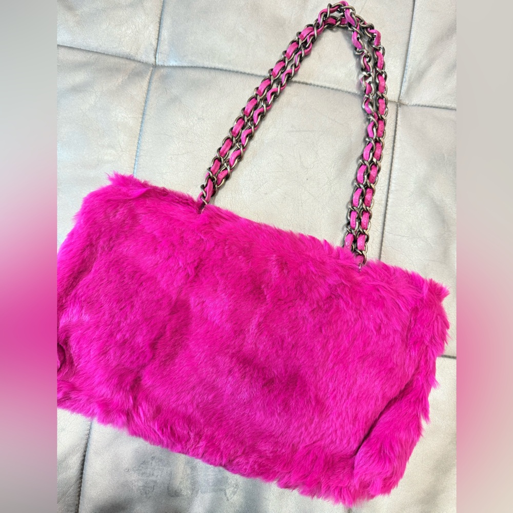 AUTHENTIC CHANEL LAPIN RABBIT FUR HOT PINK PURSE DOUBLE CHAIN STRAP CLUTCH RARE - Picture 7 of 16